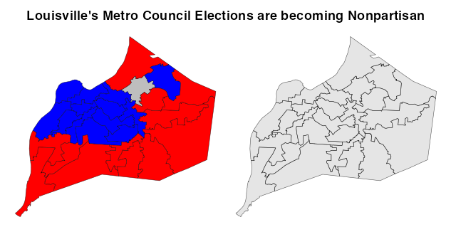 Two maps of Louisville with the first one showing blue and red council districts to represent Democrats and Republicans and the second one showing all grey districts.