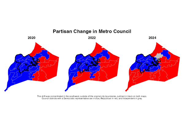 A series of maps of Jefferson County showing that the southwest portion of the county has turned Republican between 2020 and 2024.