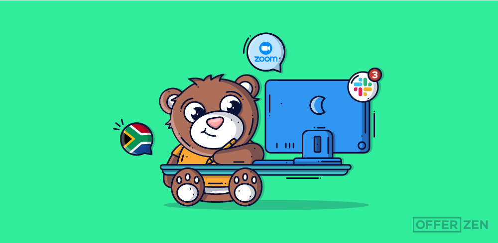 Bear at desk with Slack, Zoom and South African flags around him