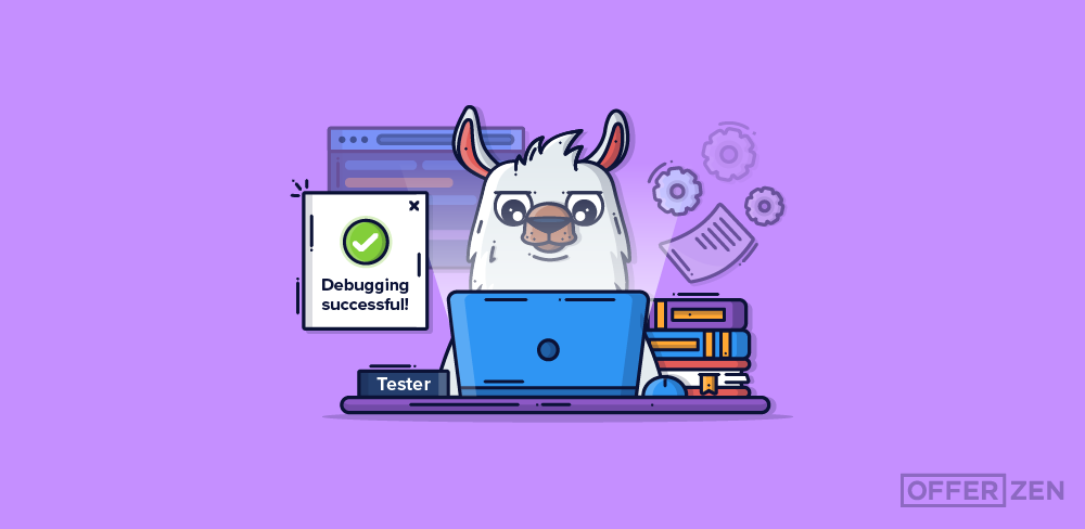 Drama Llama behind a laptop that says debugging successful