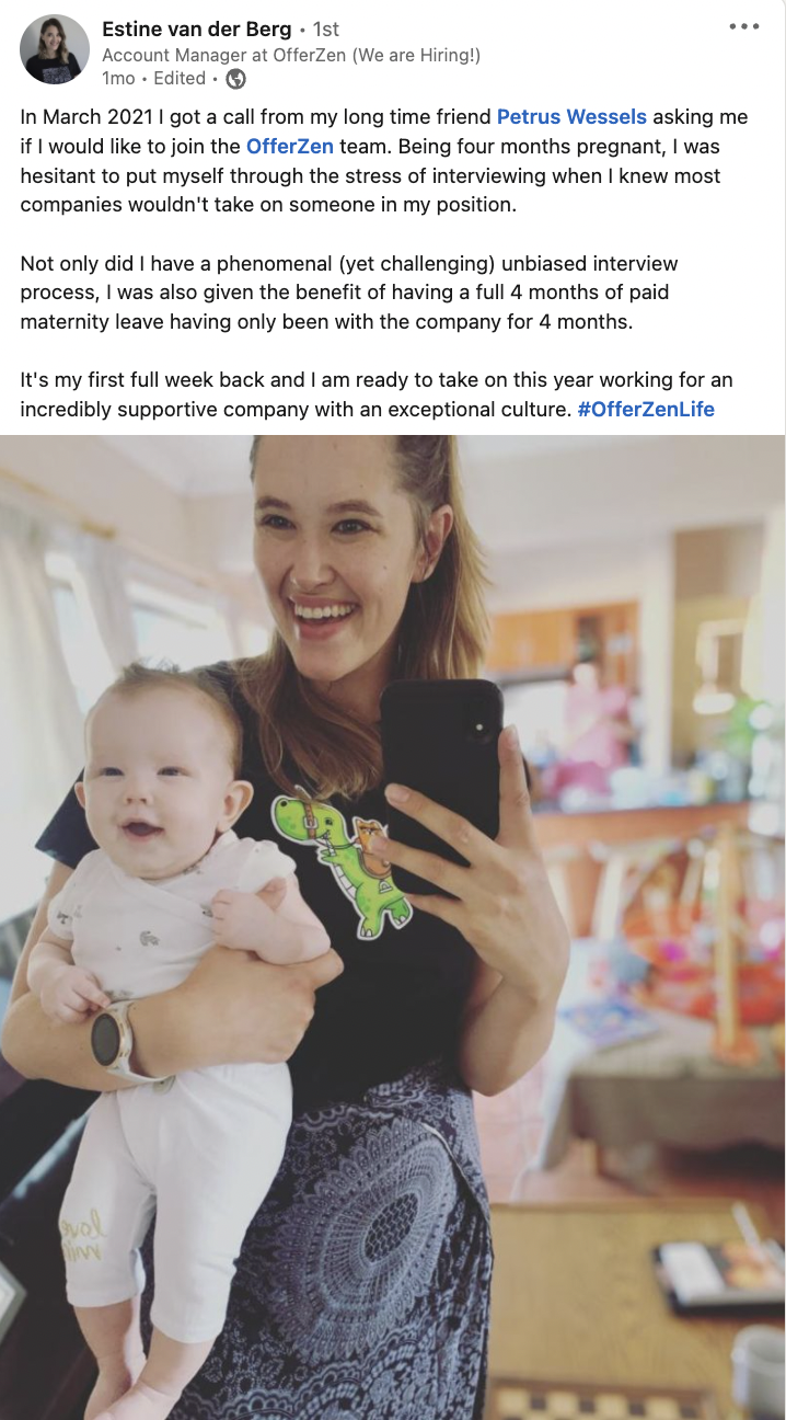 interviewing while pregnant - Estine's LinkedIn post