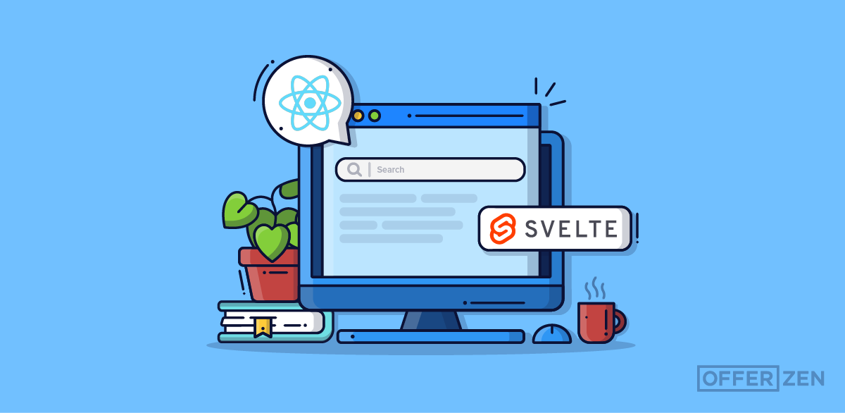Screen with search bar and Svelte and React logos