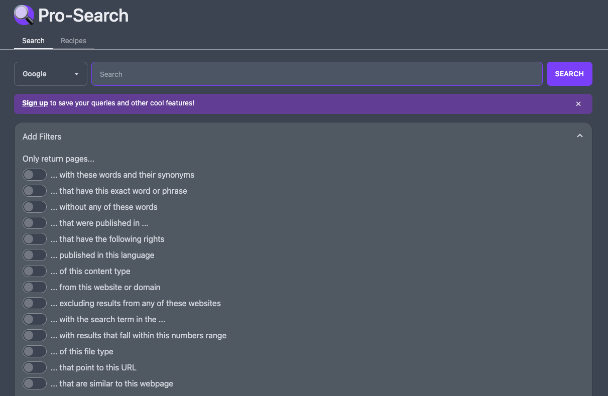 Pro-Search front page with search options