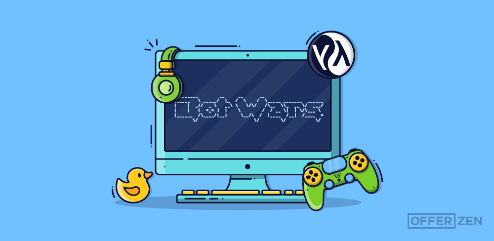 Monitor saying Bot Wars with Lisp logo and game controllers