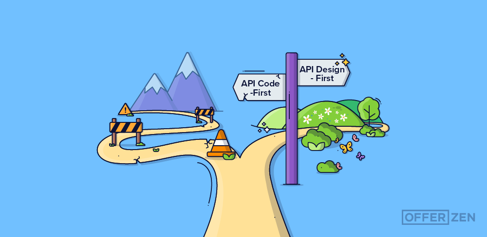 A road showing two paths, one for the code-first approach and the other for the design-first approach