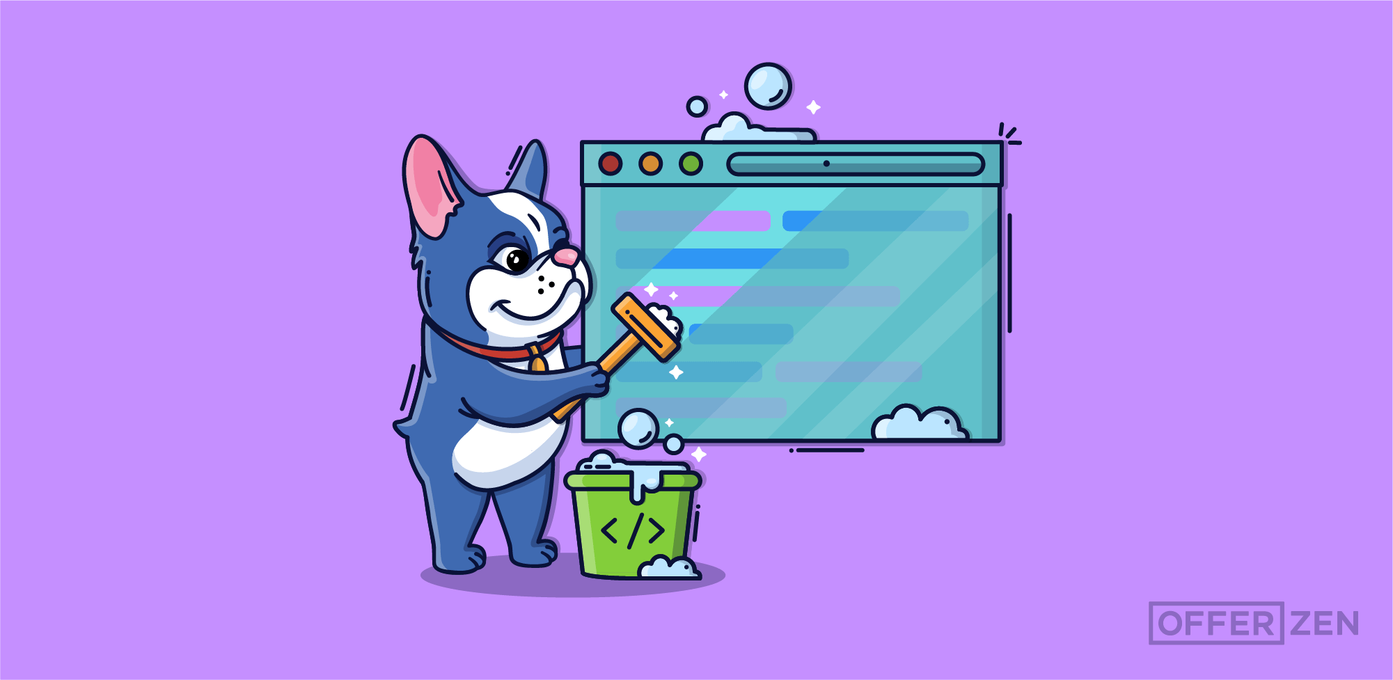 Dog cleaning a text editor with soap