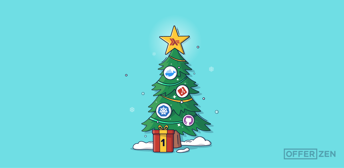 Christmas tree with Haskell logo as the star and docker, kubernetes, git and github logos as ornaments and a gift with the number one in front of the tree