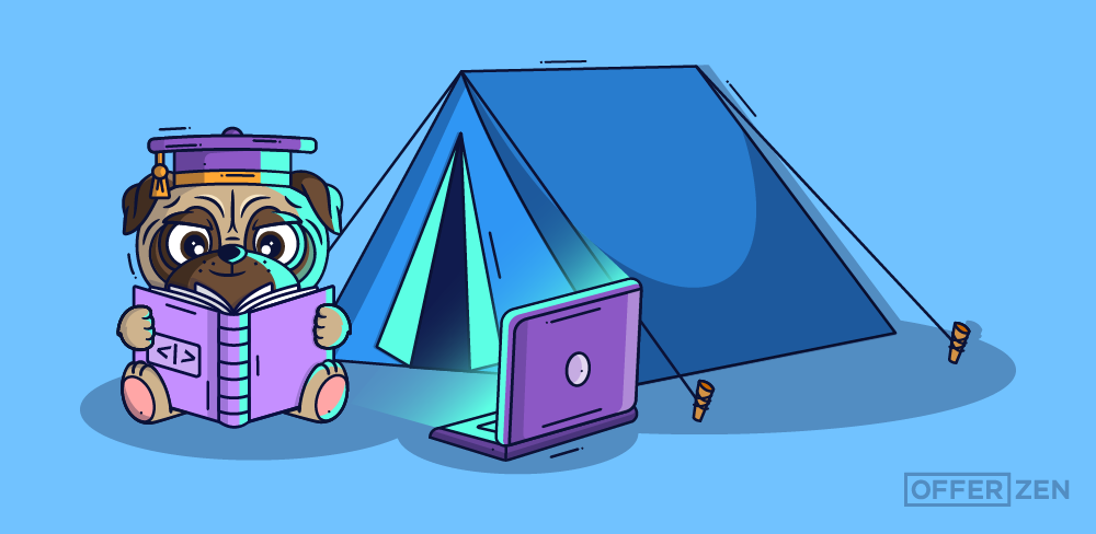 OfferZen pug reading a coding book in front of a tent and camping