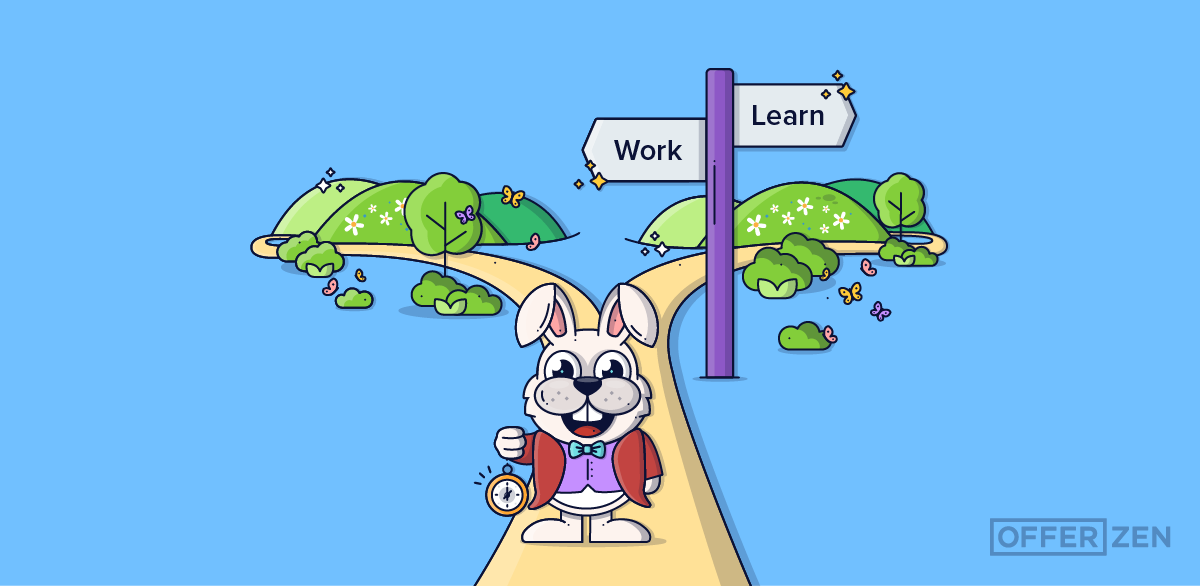 Rabbit holding a pocketwatch with two roads behind him, one marked work and the other marked learn