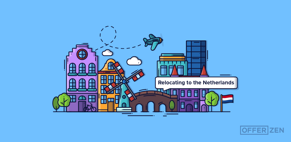 Iconic Dutch buildings with a Dutch flag to the right and a plane in the sky