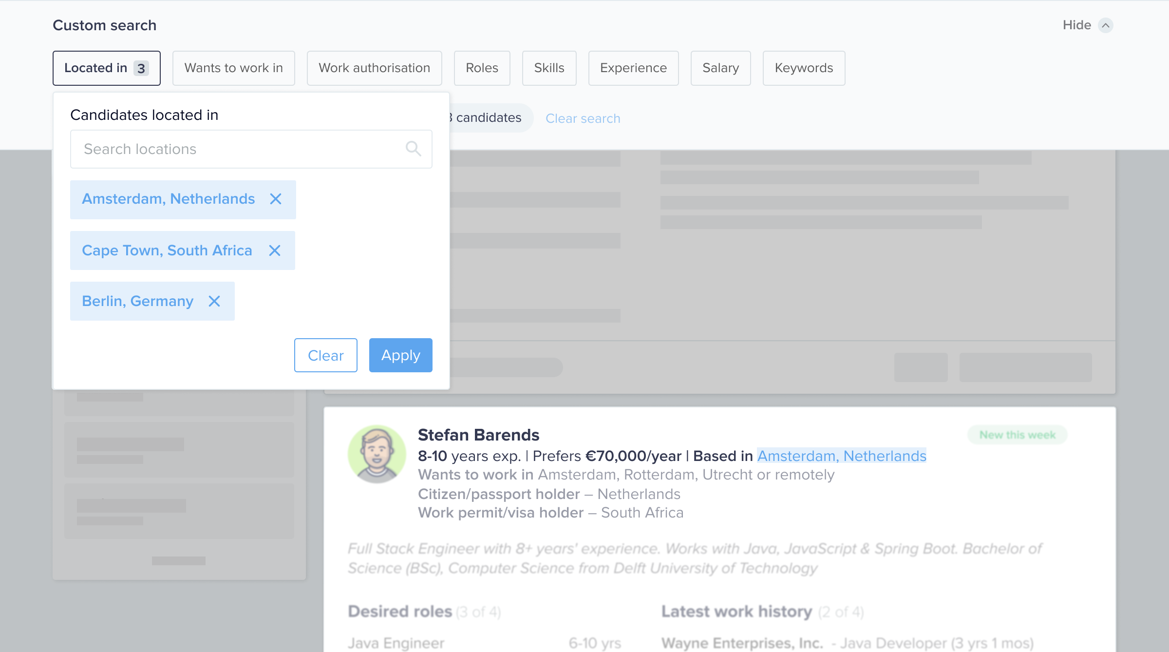 Search candidates according to where they’re located.