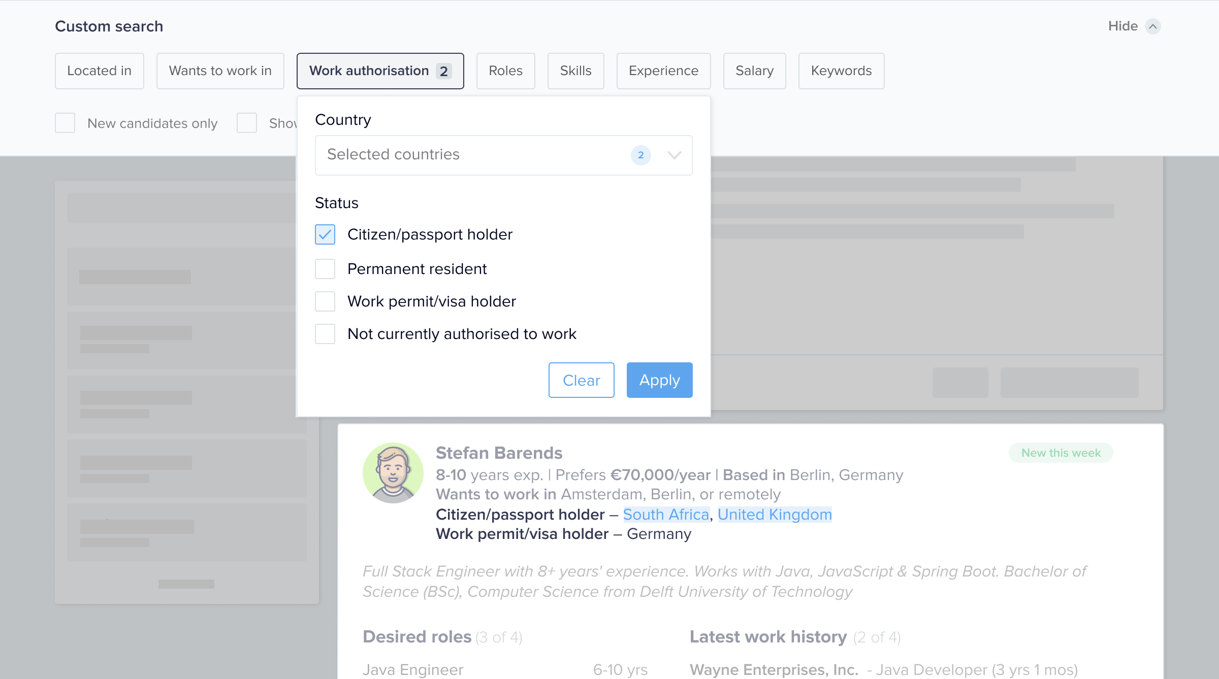 Search candidates by work authorisation.