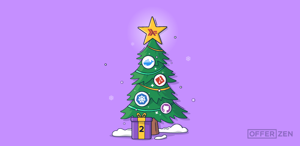 Christmas tree with Haskell logo as the star and docker, kubernetes, git and github logos as the ornaments with a wrapped present that says two on it under the tree