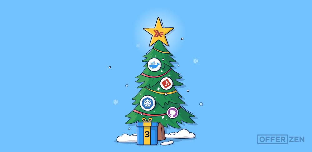 Christmas tree with Haskell logo as the star and docker, git,kubernetes and github logo as ornaments with a wrapped gift in front of it that has a 3 on it