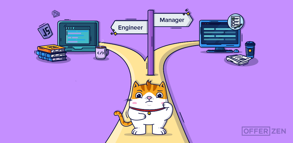 Confused cat at a fork in the road where one the left side leads to engineer and the right side leads to manager