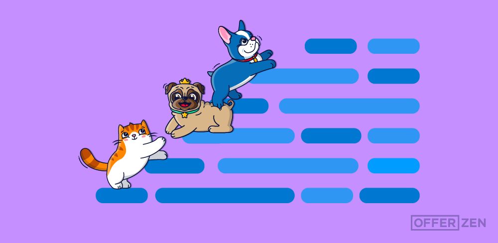 Three OfferZen characters helping each other up lines of code