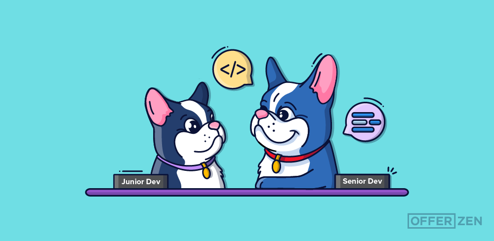 Two bulldogs, one a junior developer and the other a senior developer, with speech bubbles around the senior developer that contain a closing tag and lines of code