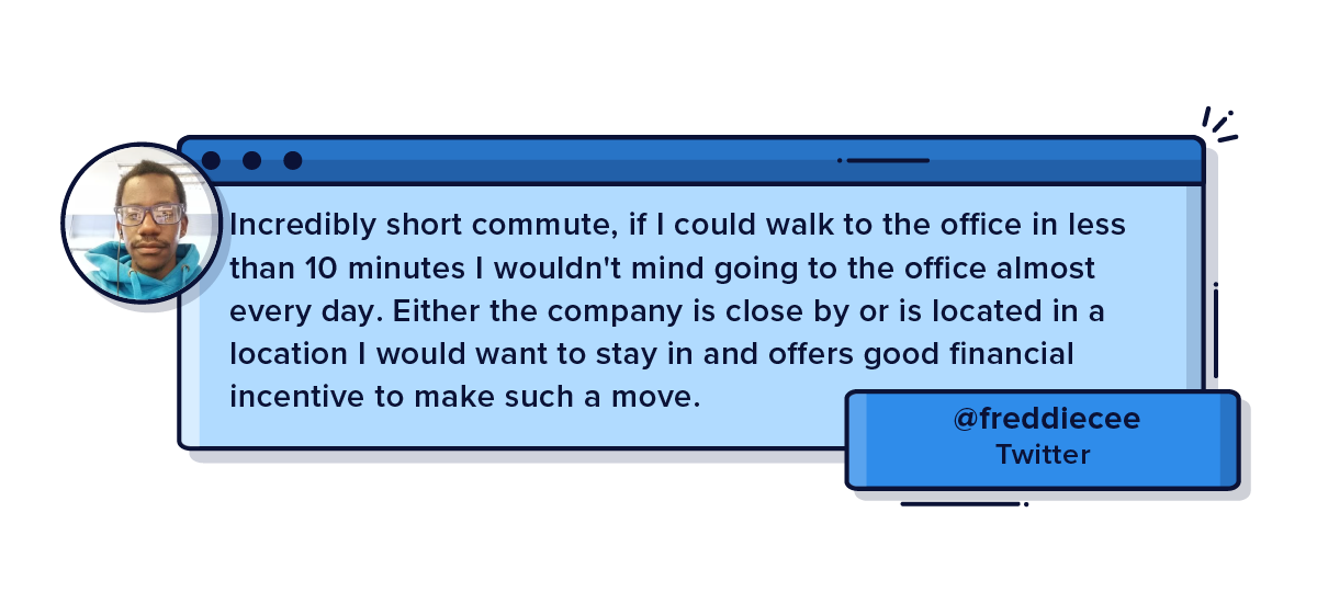 Incredibly short commute, if I could walk to the office in less than 10 minutes I wouldn't mind going to the office almost every day. Either the company is close by or is located in a location I would want to stay in and offers good financial incentive to make such a move.
