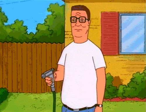 Hank Hill putting a hose spraygun to his head similar to an actual gun in a moment of exasperation.