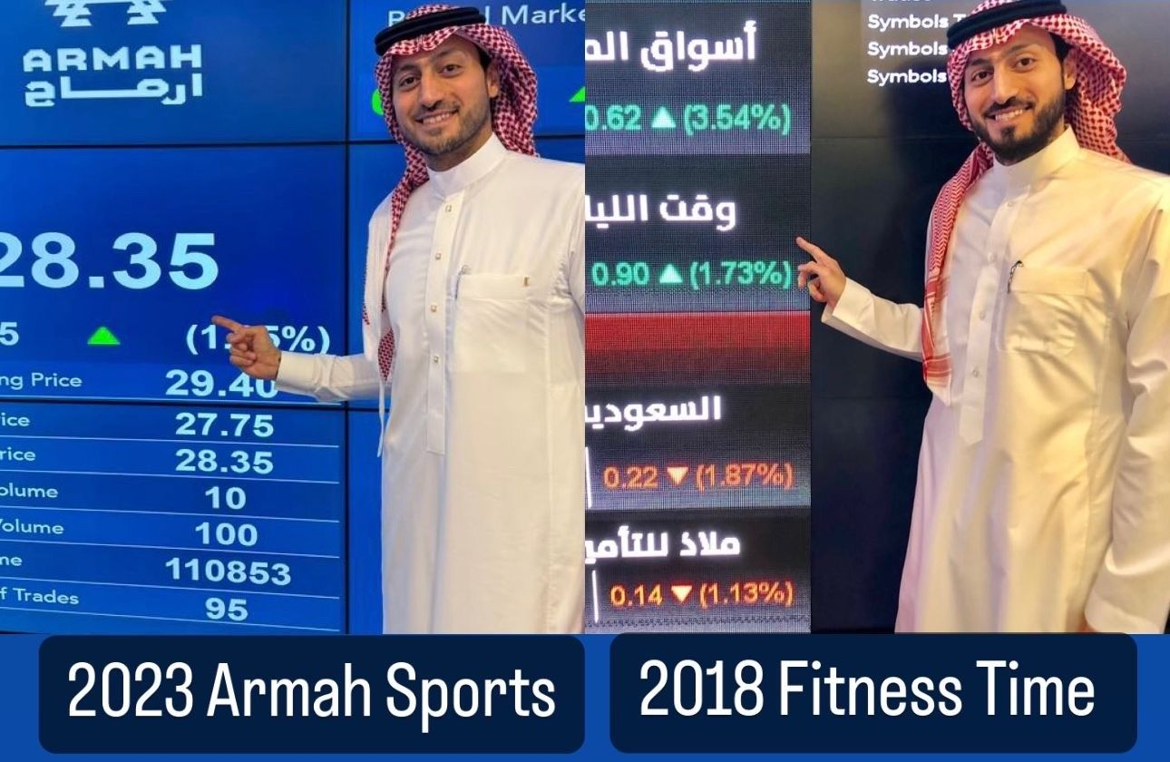 Fahad Alhagbani smiling in front of stock screens, pointing to the 2018 Fitness Time and 2023 Armah Sports listings.