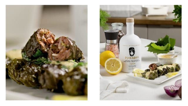 A photo of cooked dolmades up close and sliced into and one showing the drizzle of egg/lemon sauce and olive oil over the dish with the ingredients surrounding it.