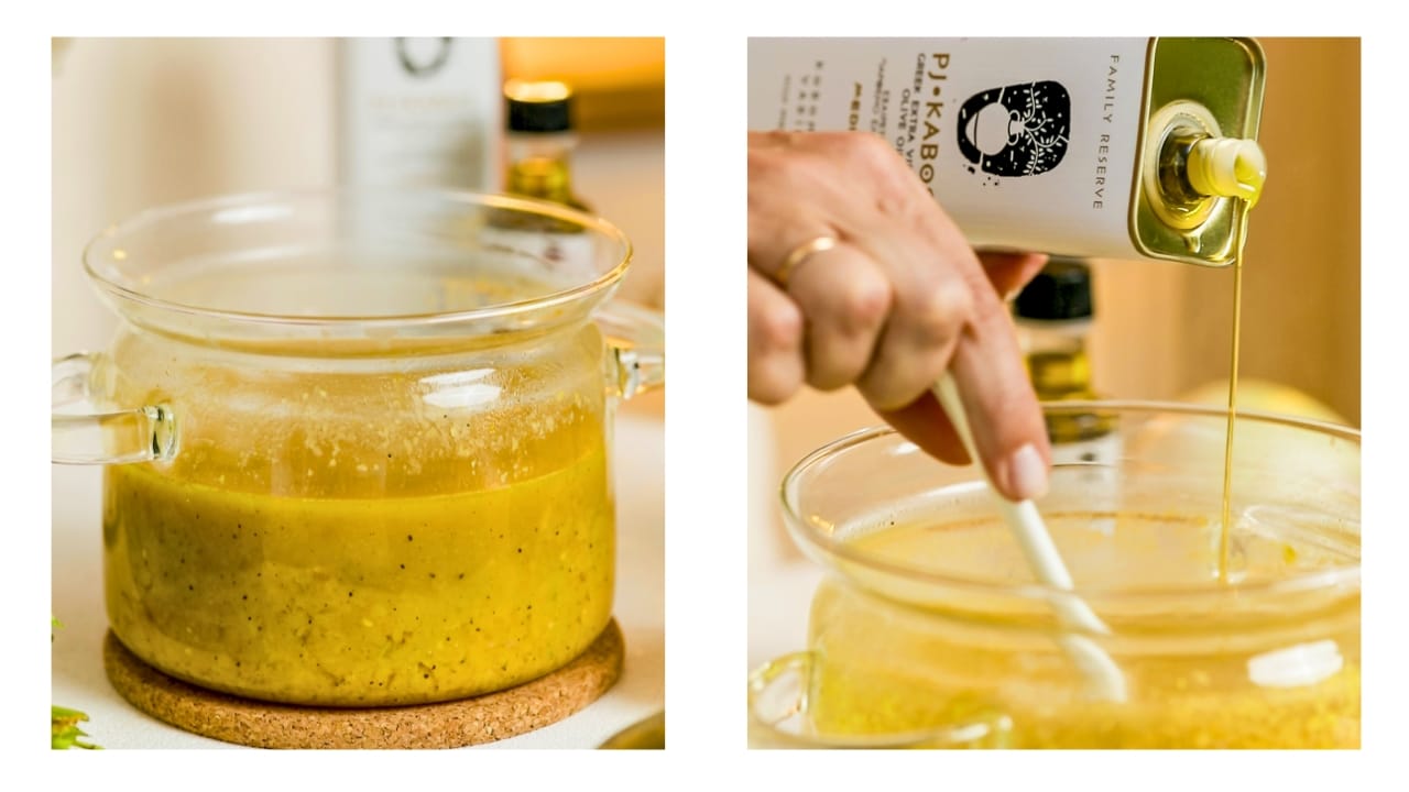 PJ Kabos High-Phenolic Extra Virgin Olive Oil is being added to the cooked split peas after they have cooled a bit.