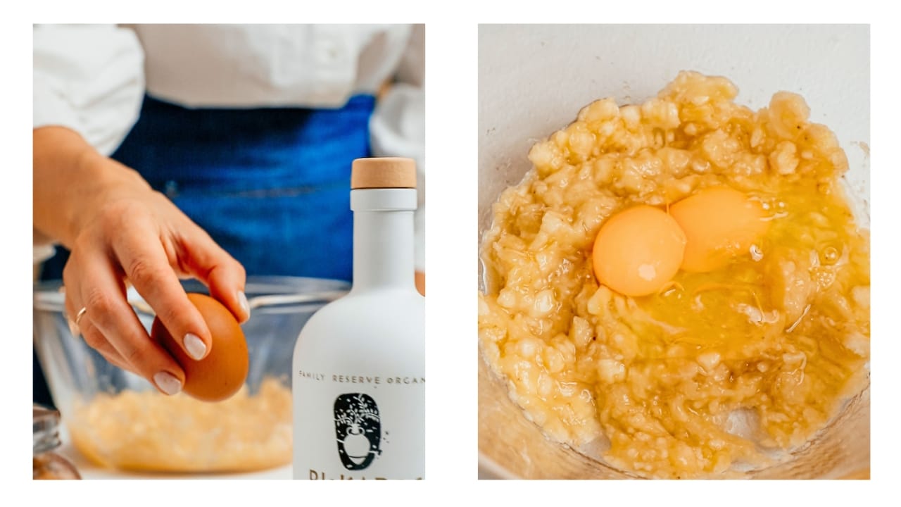 Eggs being added to banana bread mixture.