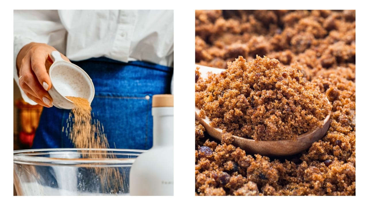 Light brown sugar and dark brown sugar being added to banana bread.
