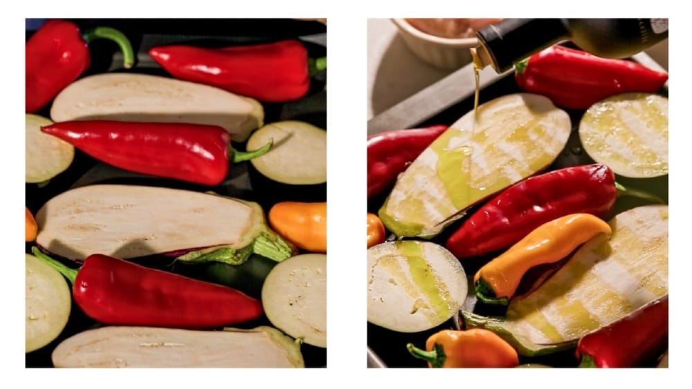  PJ Kabos Family Reserve Organic Robust Extra Virgin Olive Oil  being poured over eggplants and peppers on a roasting pan.