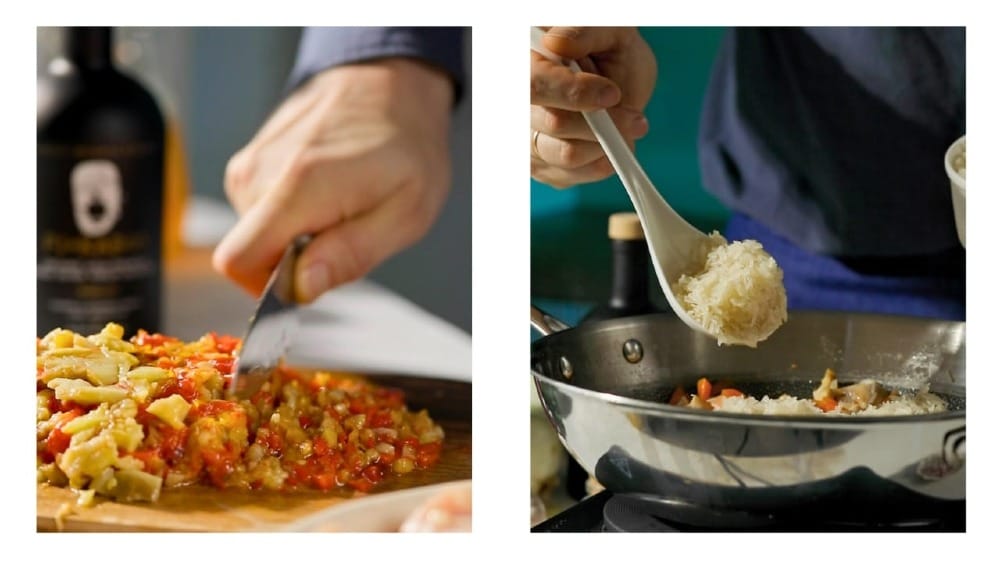 Chopping the eggplants and skinless peppers, adding rice to skillet.