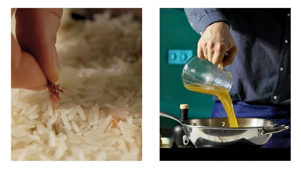 A pinch of saffron, and homemade chicken broth (or water) added to the skillet.