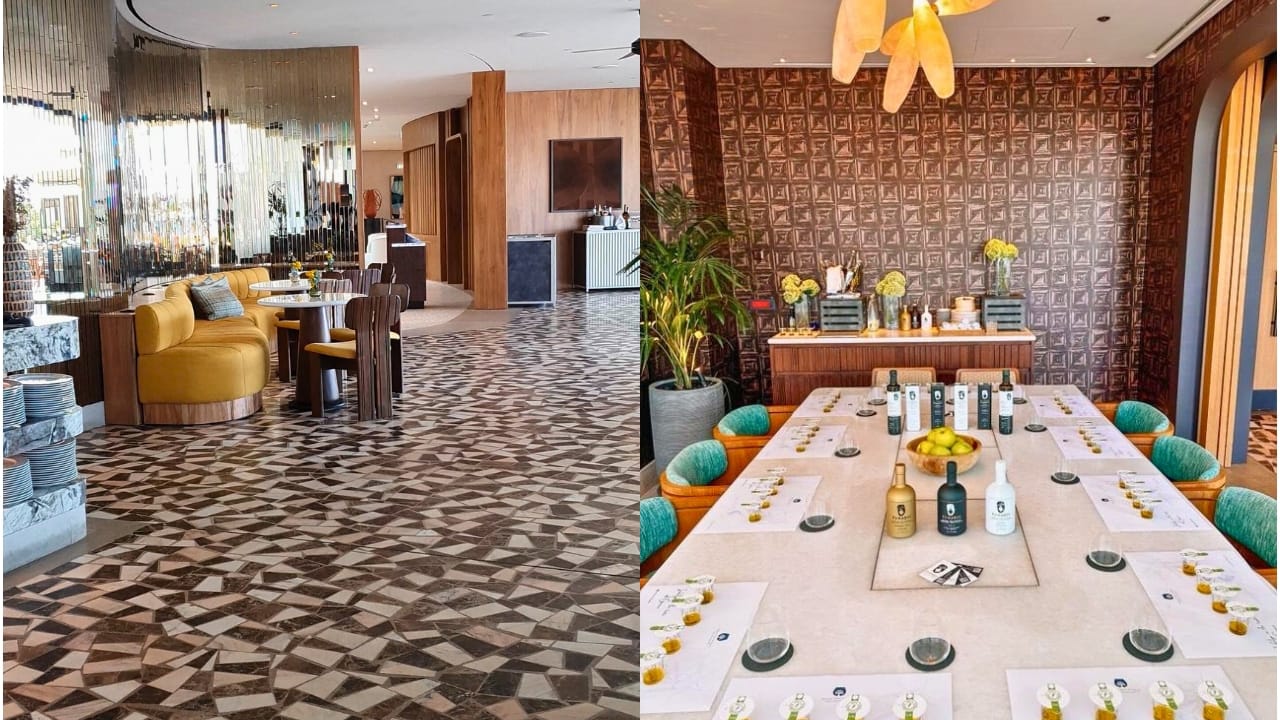 At Ora by Ettore Botrini inside One&Only Aesthesis, a marble table set for twelve awaited guests, adorned with PJ Kabos Family Reserve bottles of high-phenolic extra virgin olive oil: some of the best high-phenolic oil to be found in the world today.