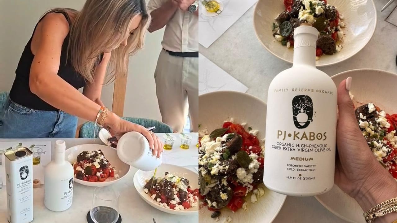 PJ Kabos Family Reserve Medium white bottle with Cretan Dakos salad of tomato, feta, capers, and oregano.