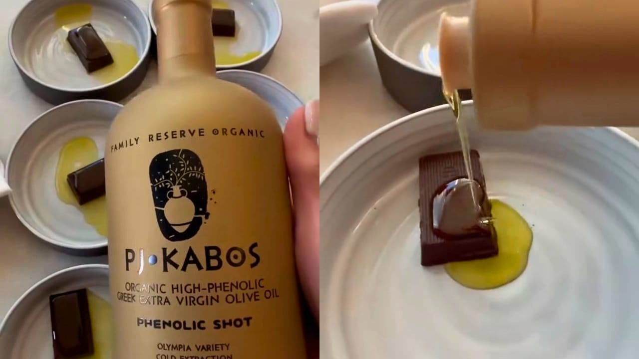 PJ Kabos Phenolic Shot gold bottle of organic super phenols count paired with dark chocolate square.