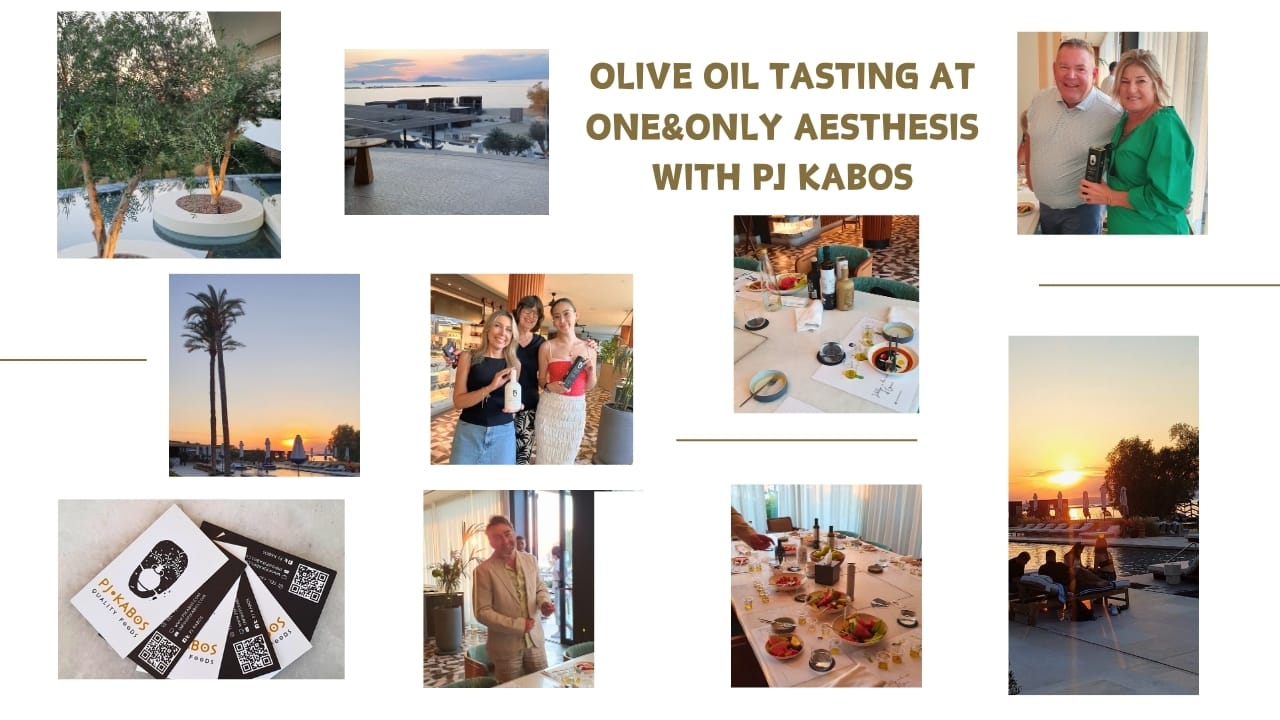 Collage of PJ Kabos olive oil tasting at One&Only Aesthesis with guests, sunset, and empty bottles.