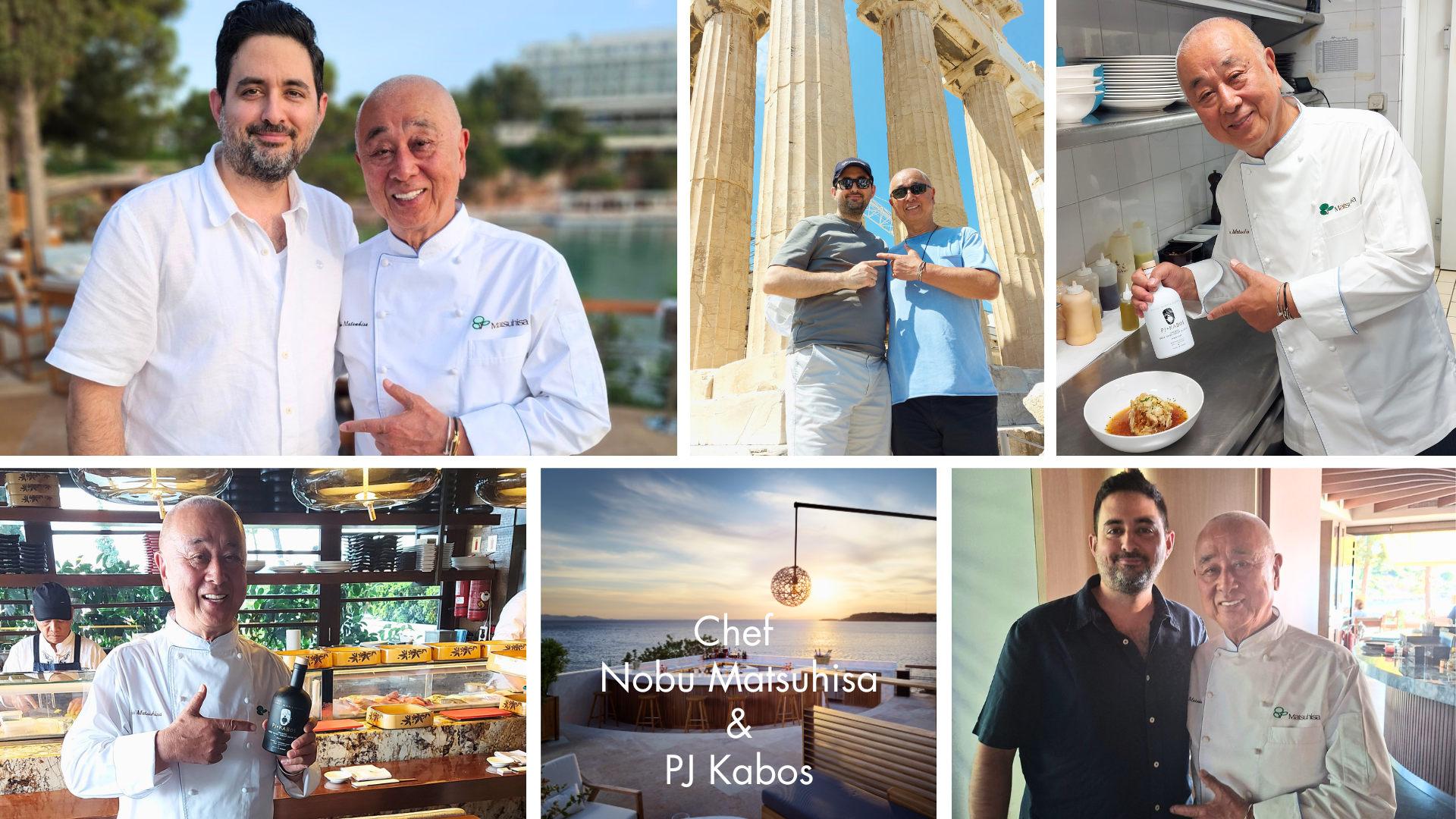 Photo collage of Chef Nobu Matsuhisa and PJ Kabos founder James Panagiotopoulos, celebrating nearly a decade of friendship and Nobu's use of PJ Kabos extra virgin olive oil in his restaurants and home.