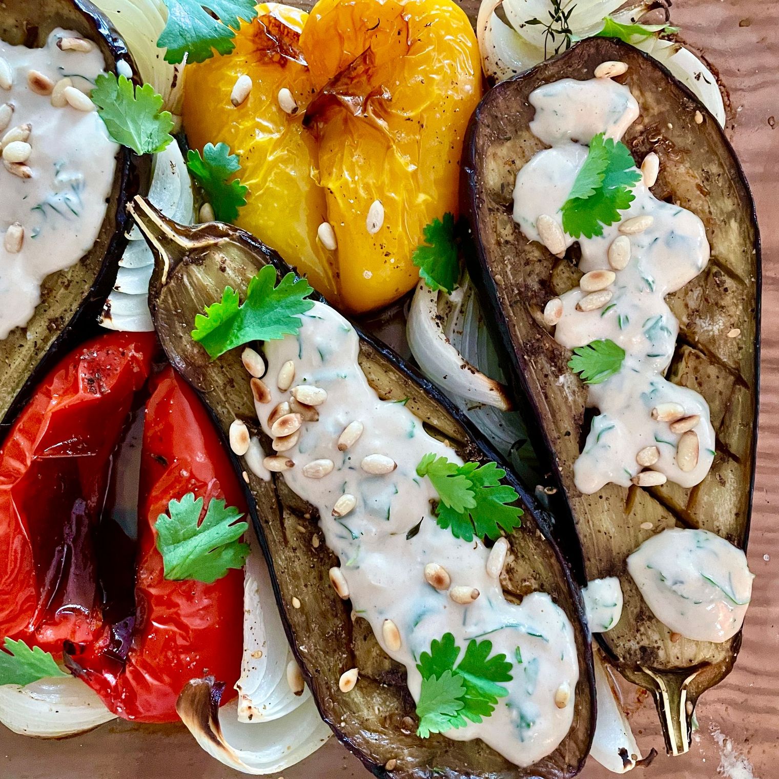 Olive Oil Za’atar Eggplant Casserole with Herbed Tahini Recipe