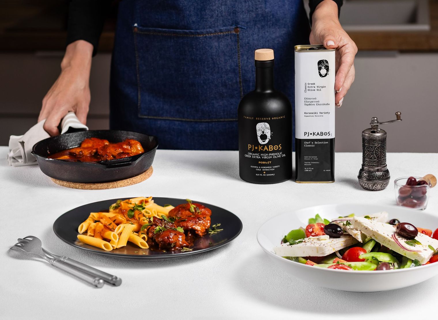 PJ KABOS Recipes: Cooking with High-Phenolic Olive Oil—Simple Mediterranean Chicken Dinner with Olive Oil Tomato Sauce, Pasta and Greek Village Salad