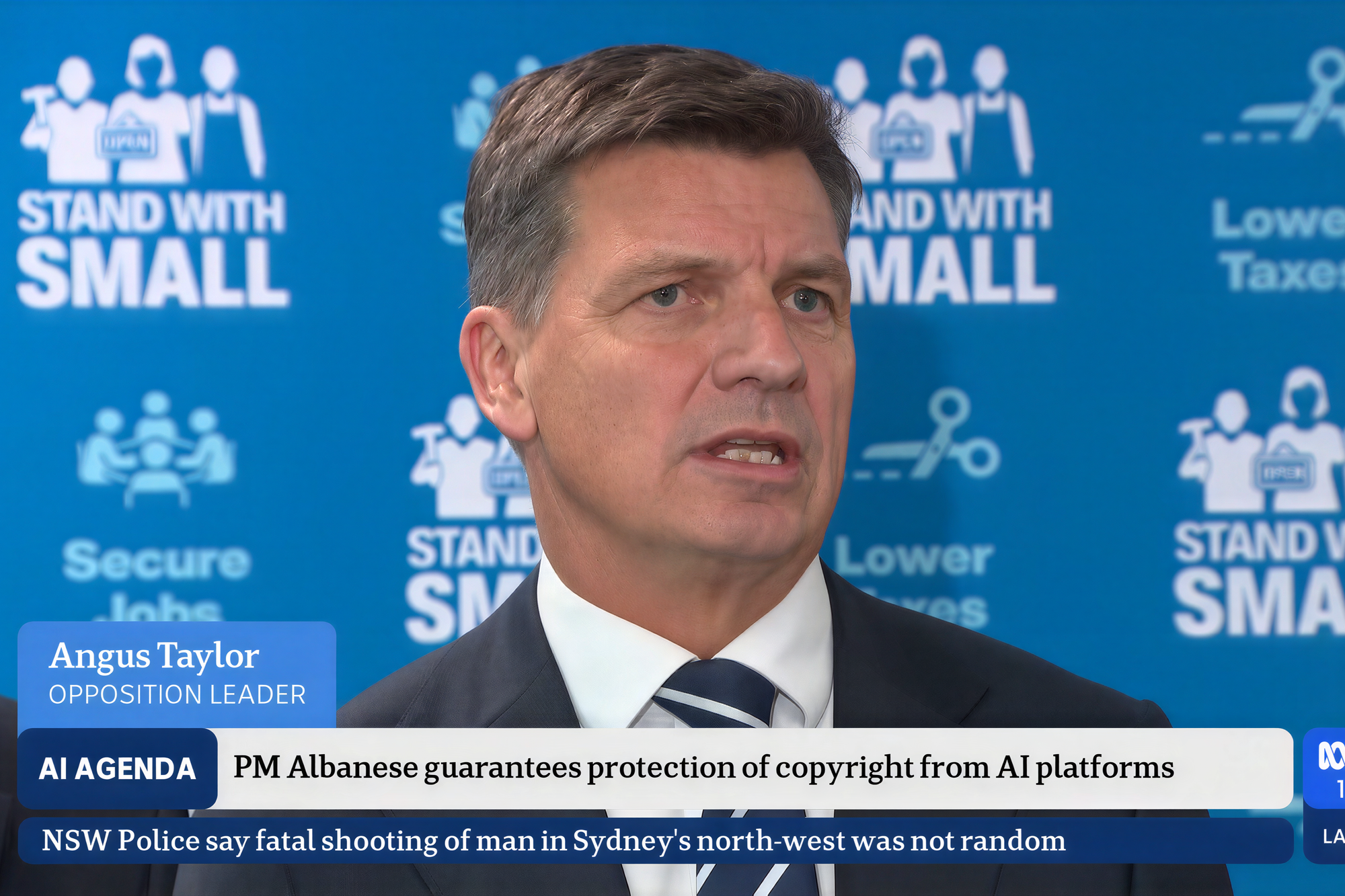 Opposition Leader Angus Taylor speaking to reporters