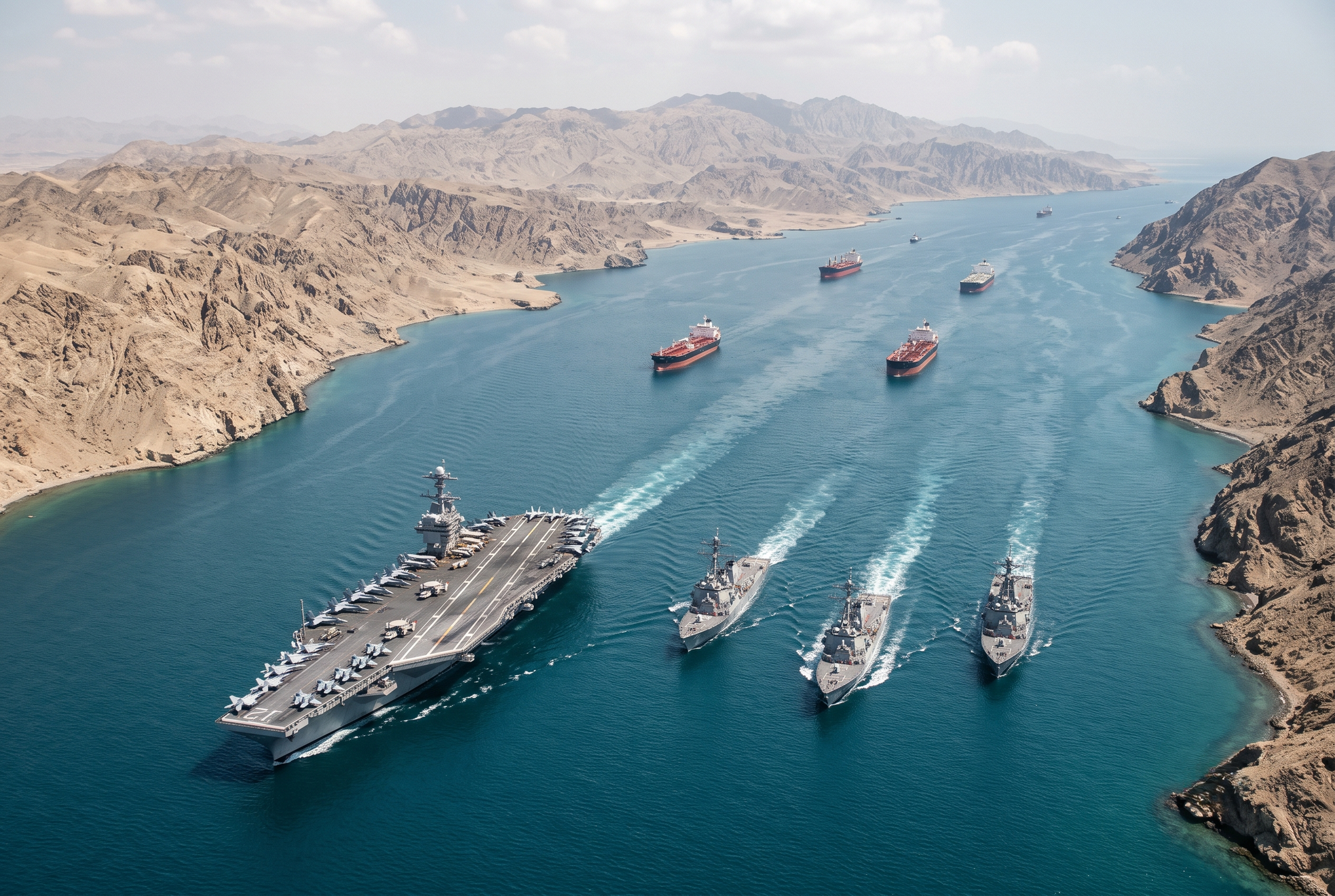 A US carrier strike group and commercial tankers in the Strait of Hormuz