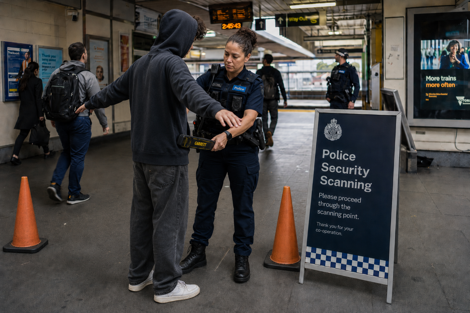 Police using a handheld scanner on a young person at a transit station