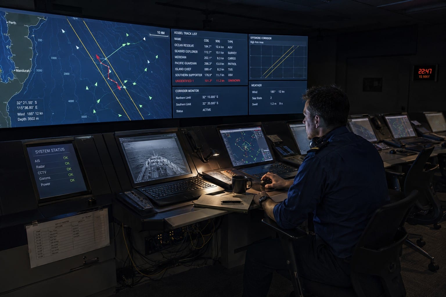 A maritime watch officer at a wall of vessel-tracking screens