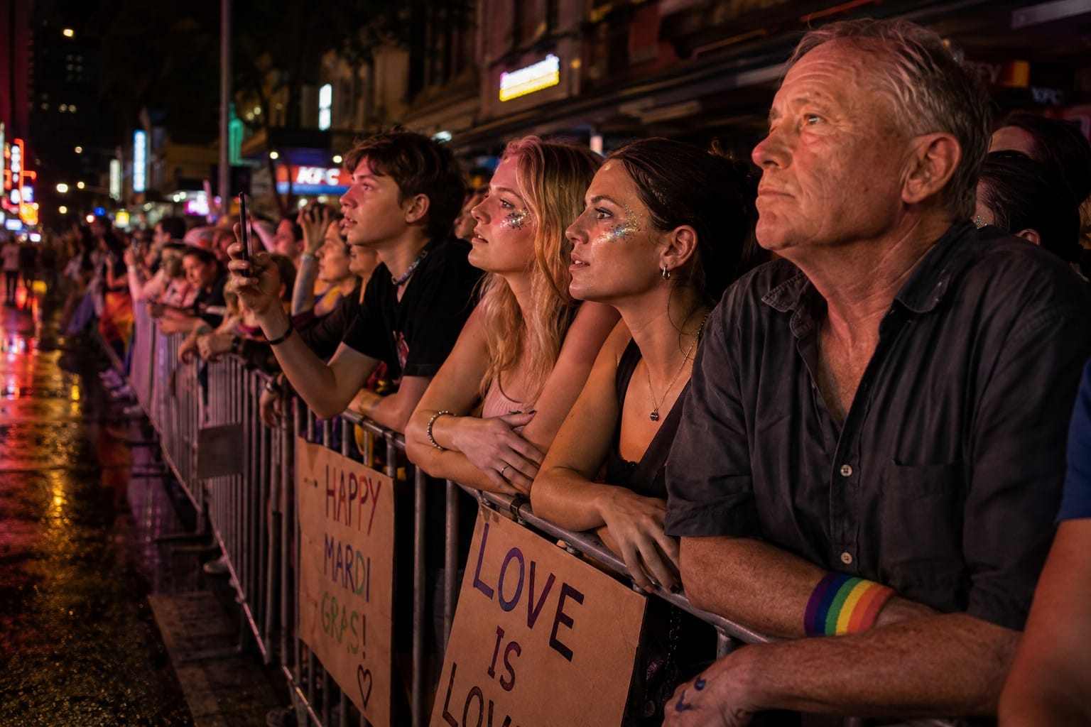 Spectators at the barricade on Mardi Gras parade night