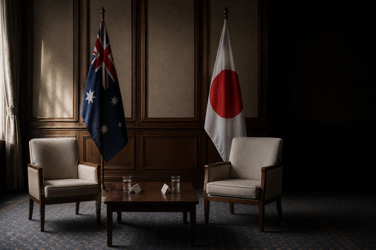 An empty bilateral meeting room with Australian and Japanese flags behind two chairs