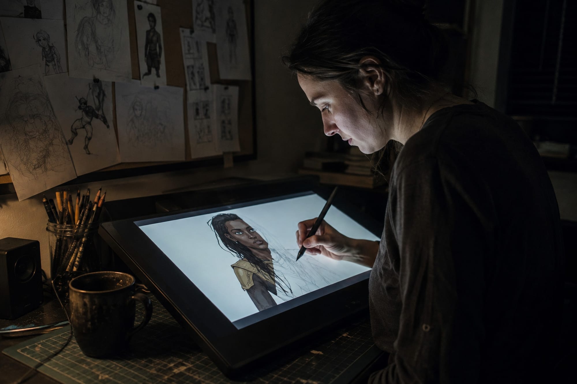 An illustrator drawing a character on a pen display tablet in a home studio at night
