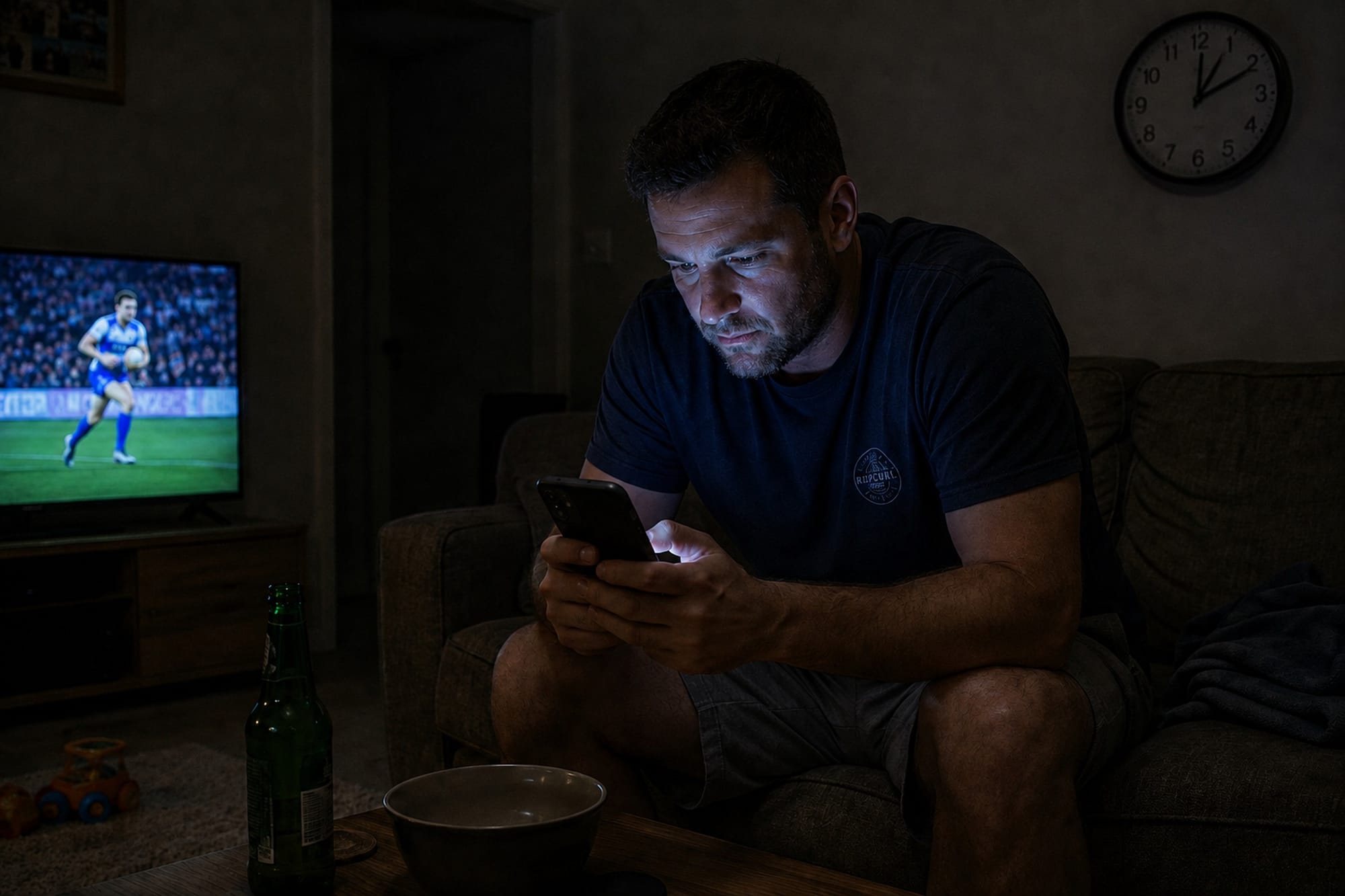 A man alone in a dark lounge room at night with a betting app open on his phone