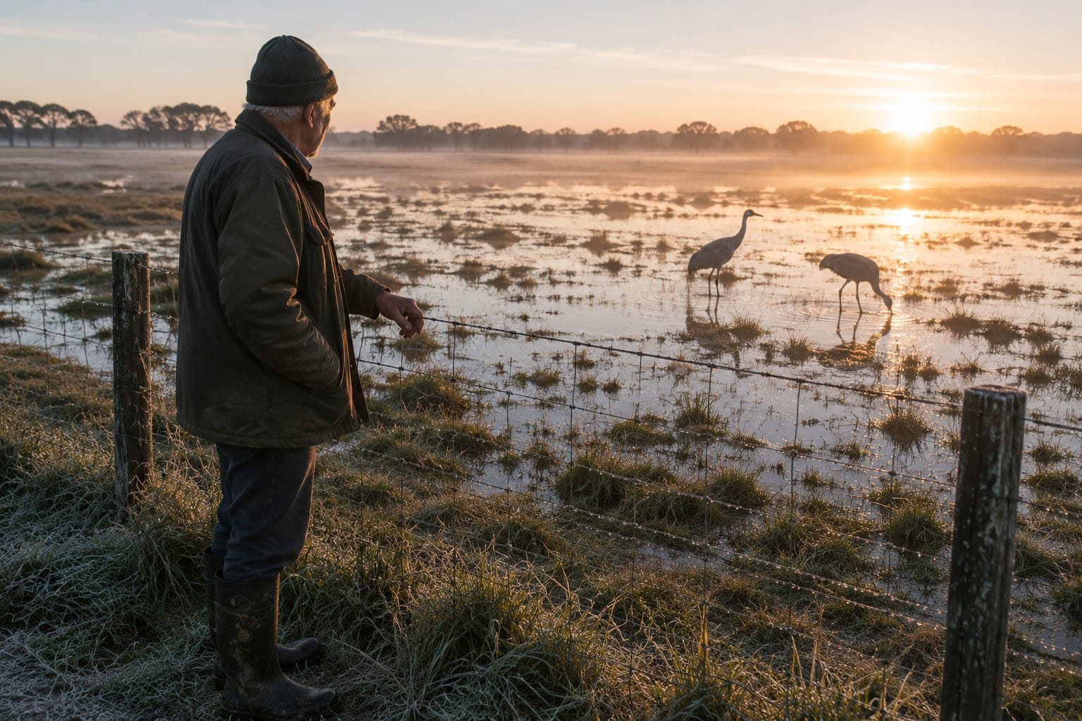 A farmer watches two brolgas in a flooded paddock at dawn