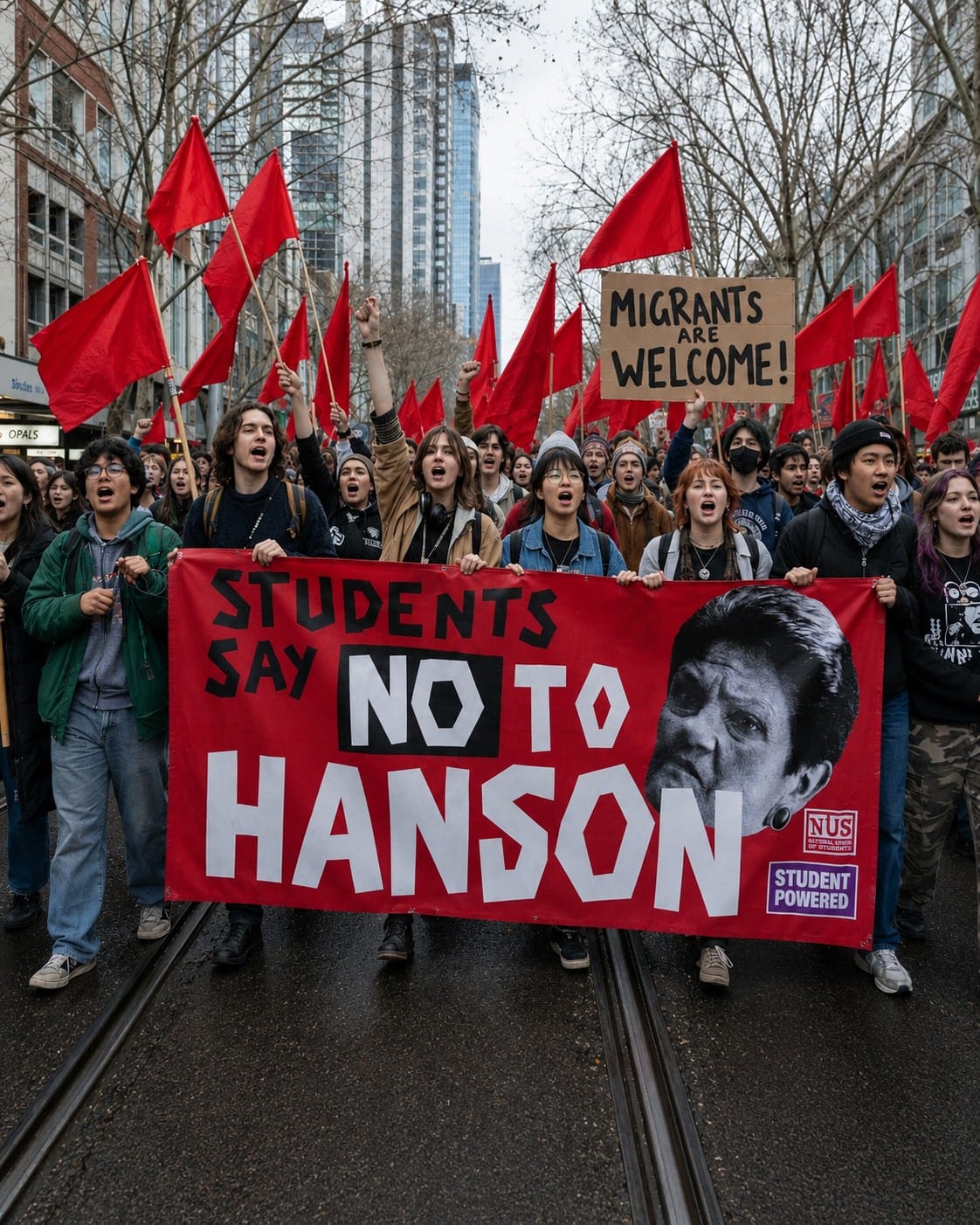 Students marching behind a Students Say No to Hanson banner