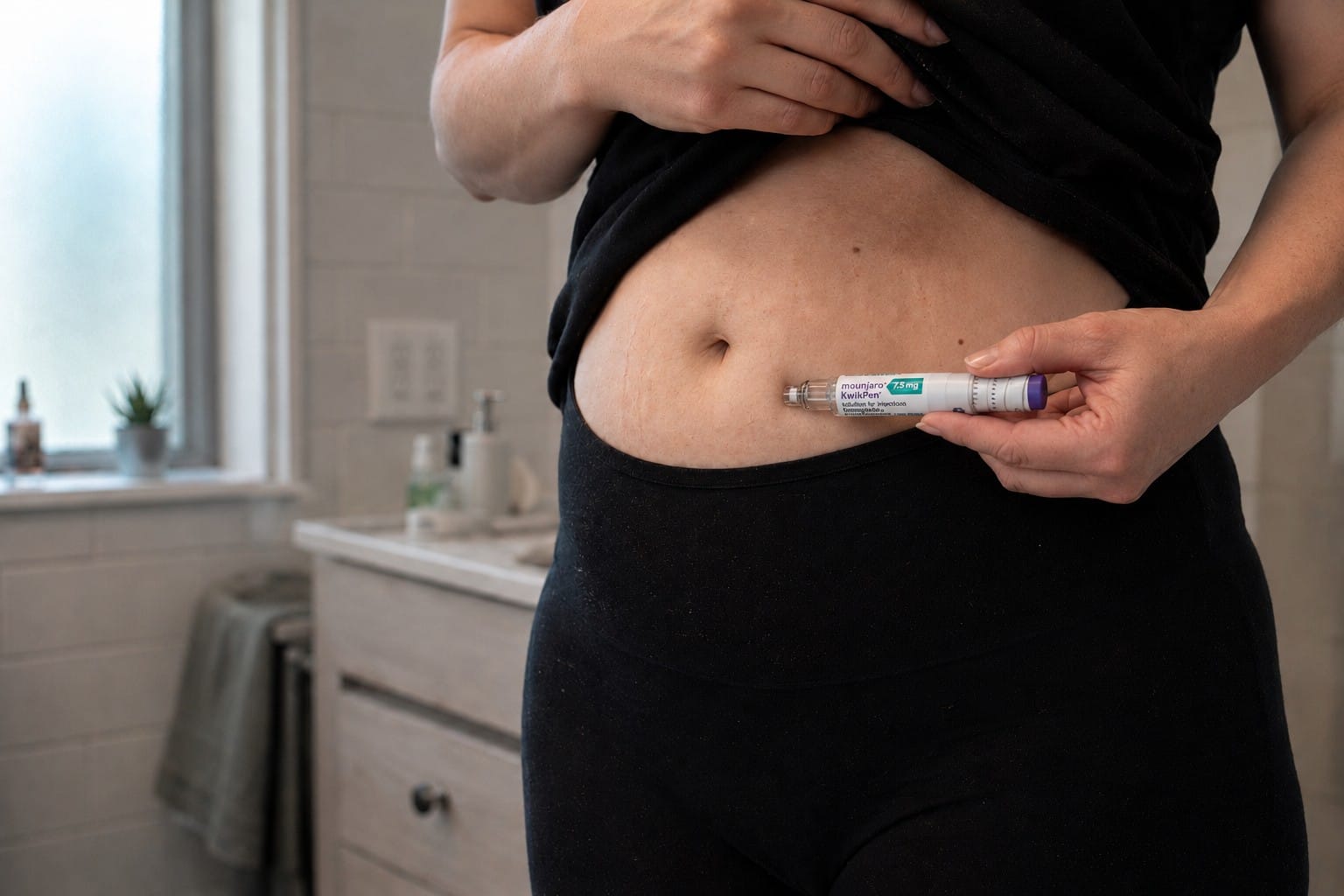 A woman holding a Mounjaro KwikPen against her abdomen in a bathroom