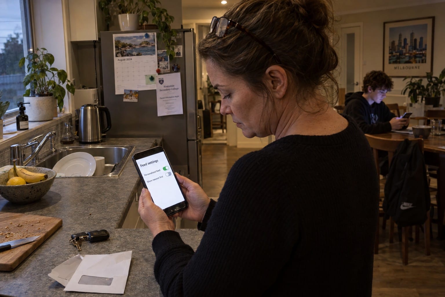 A woman in a kitchen looks at a phone settings screen while a teenage boy sits behind her on his own phone